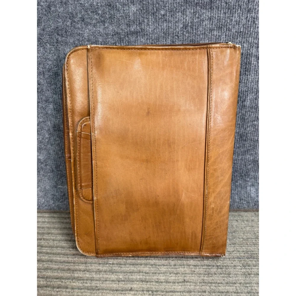 Vintage Tan Leather Zip Around Portfolio Binder Organizer Retractable Handle